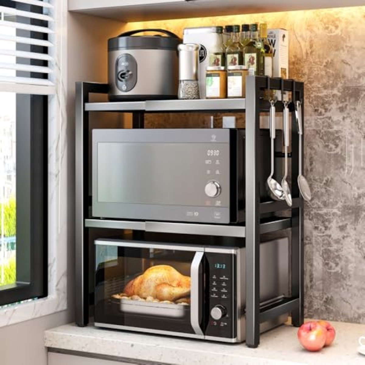 Uitschuifbare Magnetron Standaard 3-Laags Keuken Opbergrek met Haken - Verstelbaar
