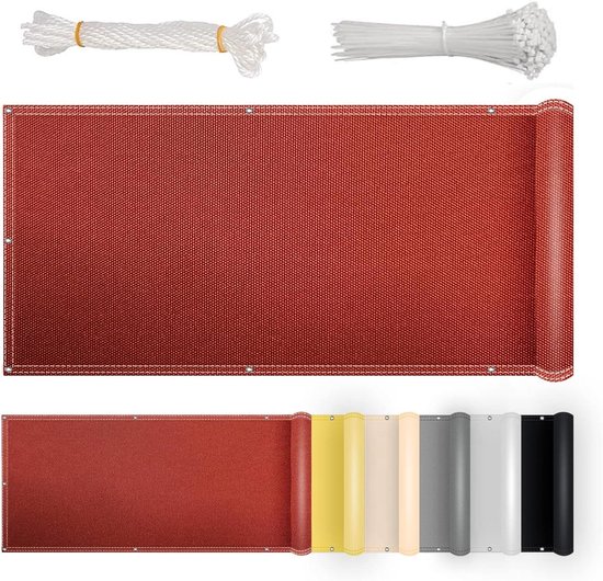 Rood balkonnet opgerold, met touw en kabelbinders, en in diverse kleuren.