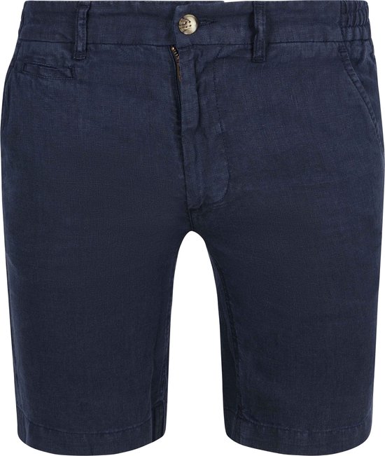 Donkerblauwe linnen korte broek met ritssluiting, steekzakken en riemlussen.