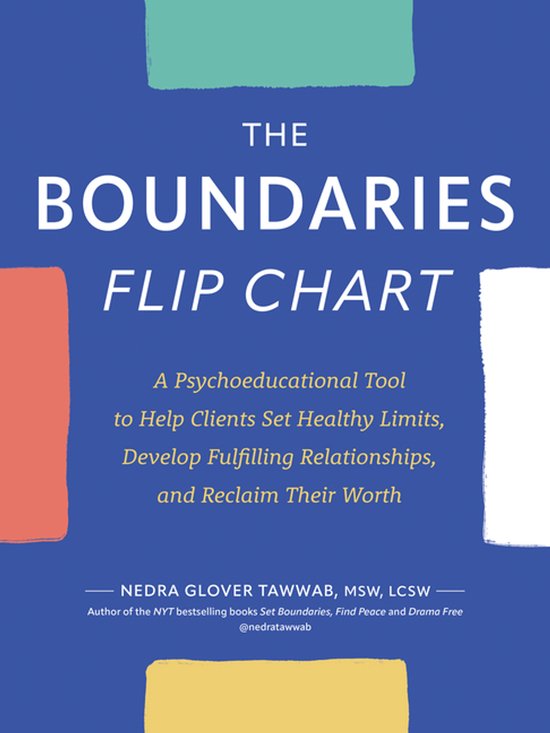 Boekkaft voor 'The Boundaries Flip Chart'. Blauwe achtergrond met gekleurde rechthoeken. Tekst: 'The Boundaries Flip Chart', 'A Psychoeducational Tool...'.