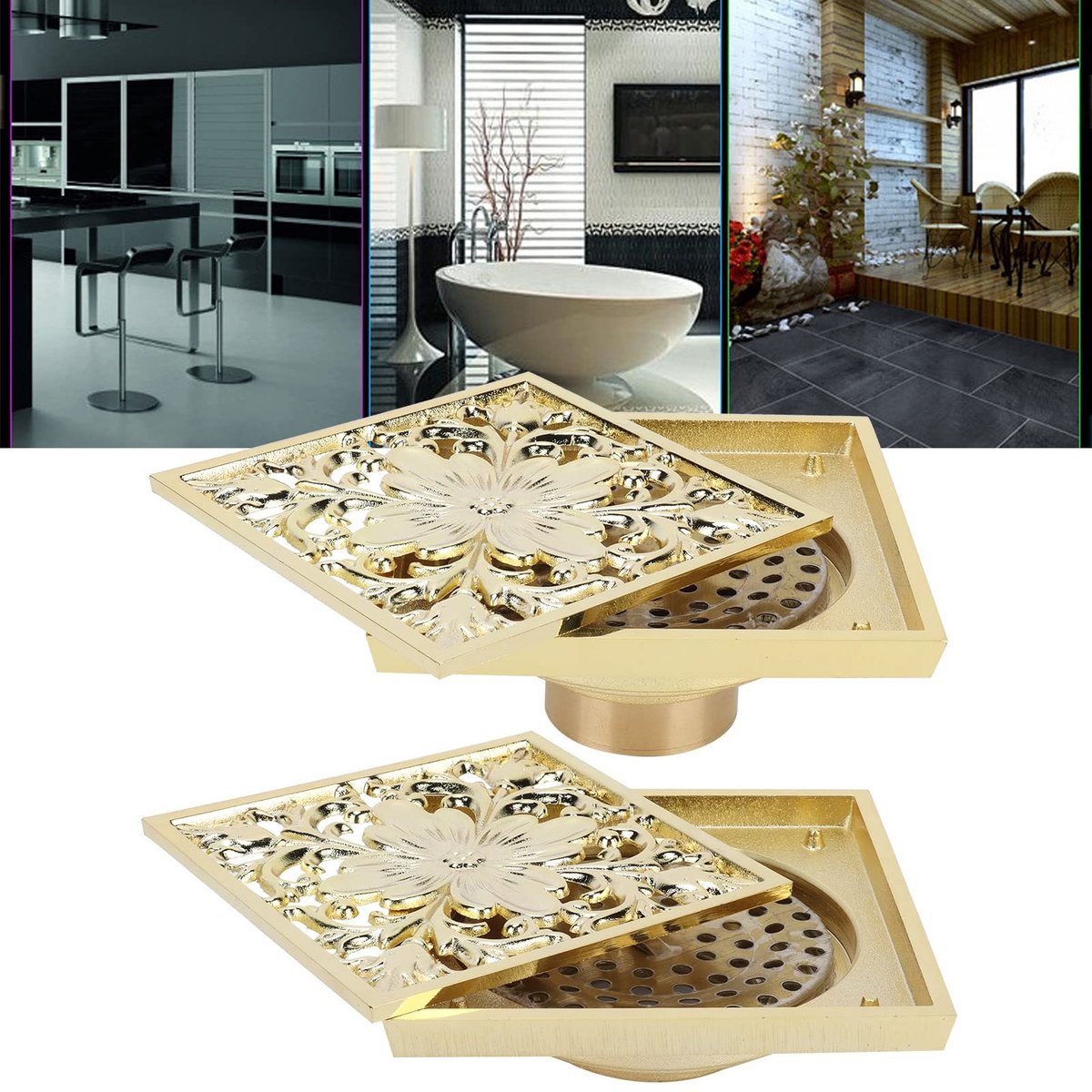 Allecto - Toiletafvoerset - Duurzaam - Anti-geur - Goud 10x10cm - Geschikt voor Badkamer en Balkon - Rioolzeef met Poreus Filter