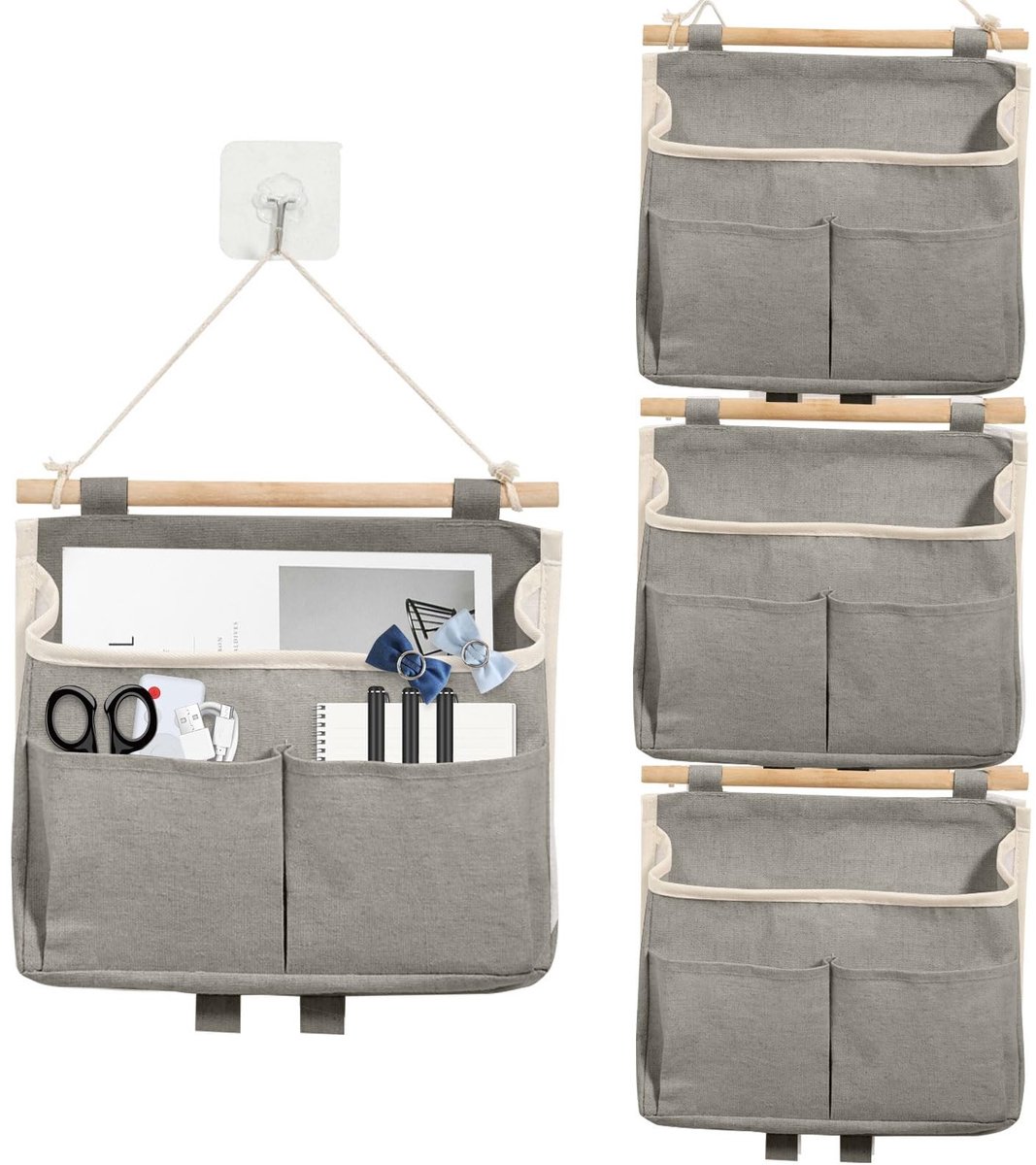 Hangende Opbergtas - Wand Organizer - Ruimte Besparen - Met Haken - 4 Stuks - Grijs