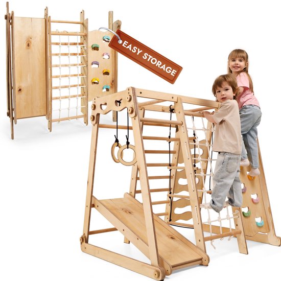 Goodevas Geüpgradeerd 9-in-1 Houten Indoor Klimtoestel voor Kinderen – Montessori Speeltuin met Glijbaan, Schommel, Klimwand en Pikler Driehoek