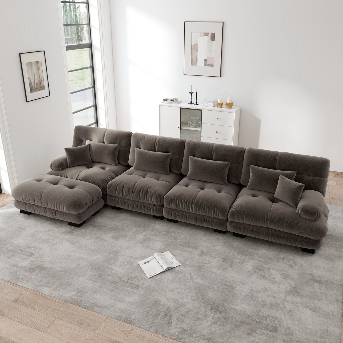 MODFU - Modulaire Hoekbank - Verplaatsbare Ottoman - Diepe Zit - Vintage - Voor Woonkamer - Chenille - Bruin