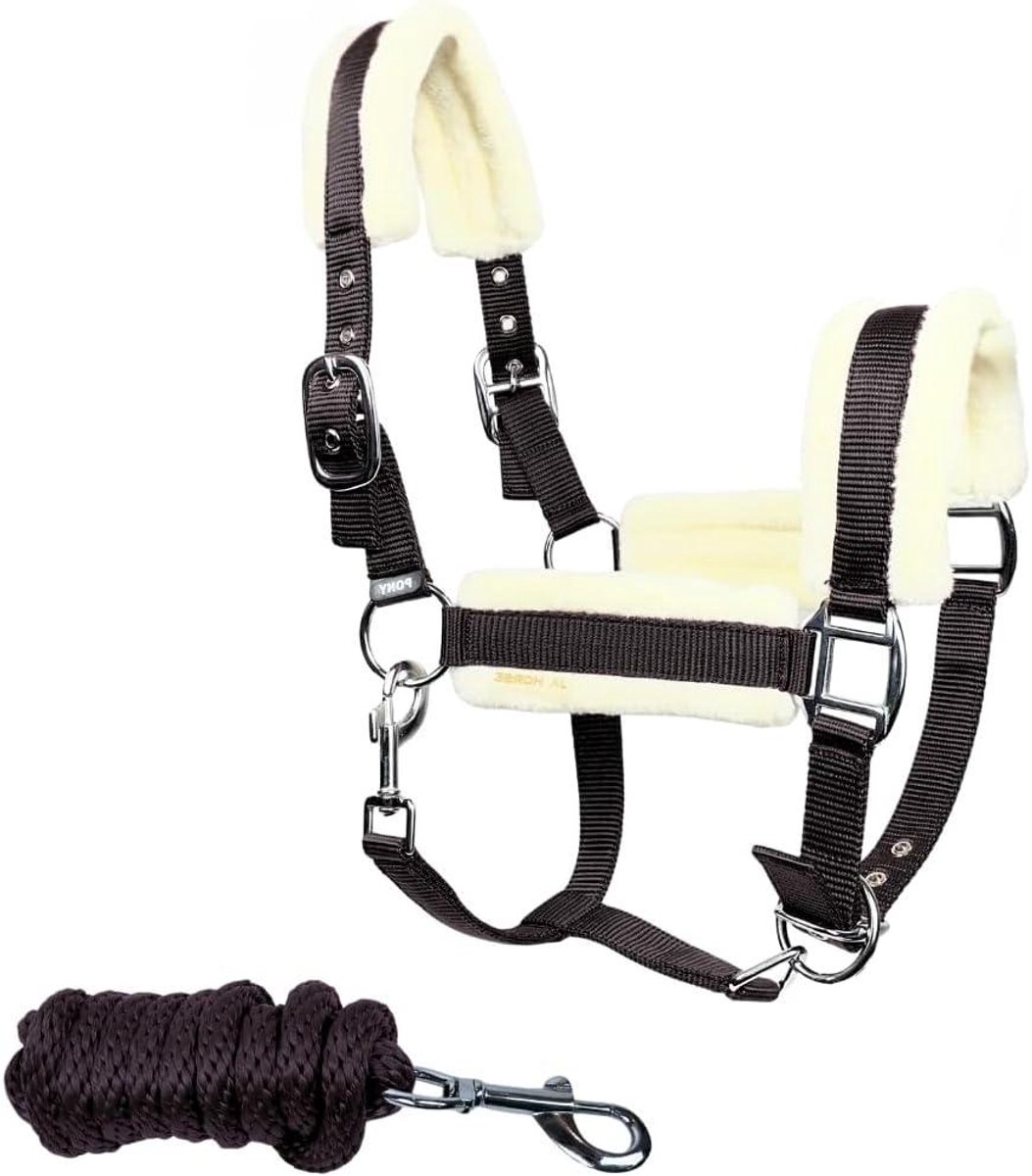 Paarden Halster Set - Stalhalster Geleidetouw - Paardrijden Training - Zacht Bontgevoerd - Pony Maat - Zwart