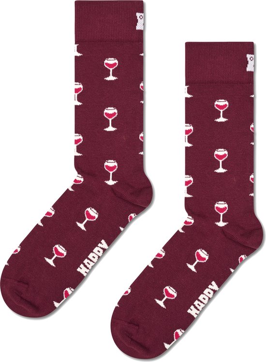Chaussettes rouge foncé avec un imprimé intégral de verres à vin blancs et le texte "Happy Socks".