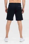 Achterkant van een zwarte tennisshort voor heren met trekkoord en ritszakken.