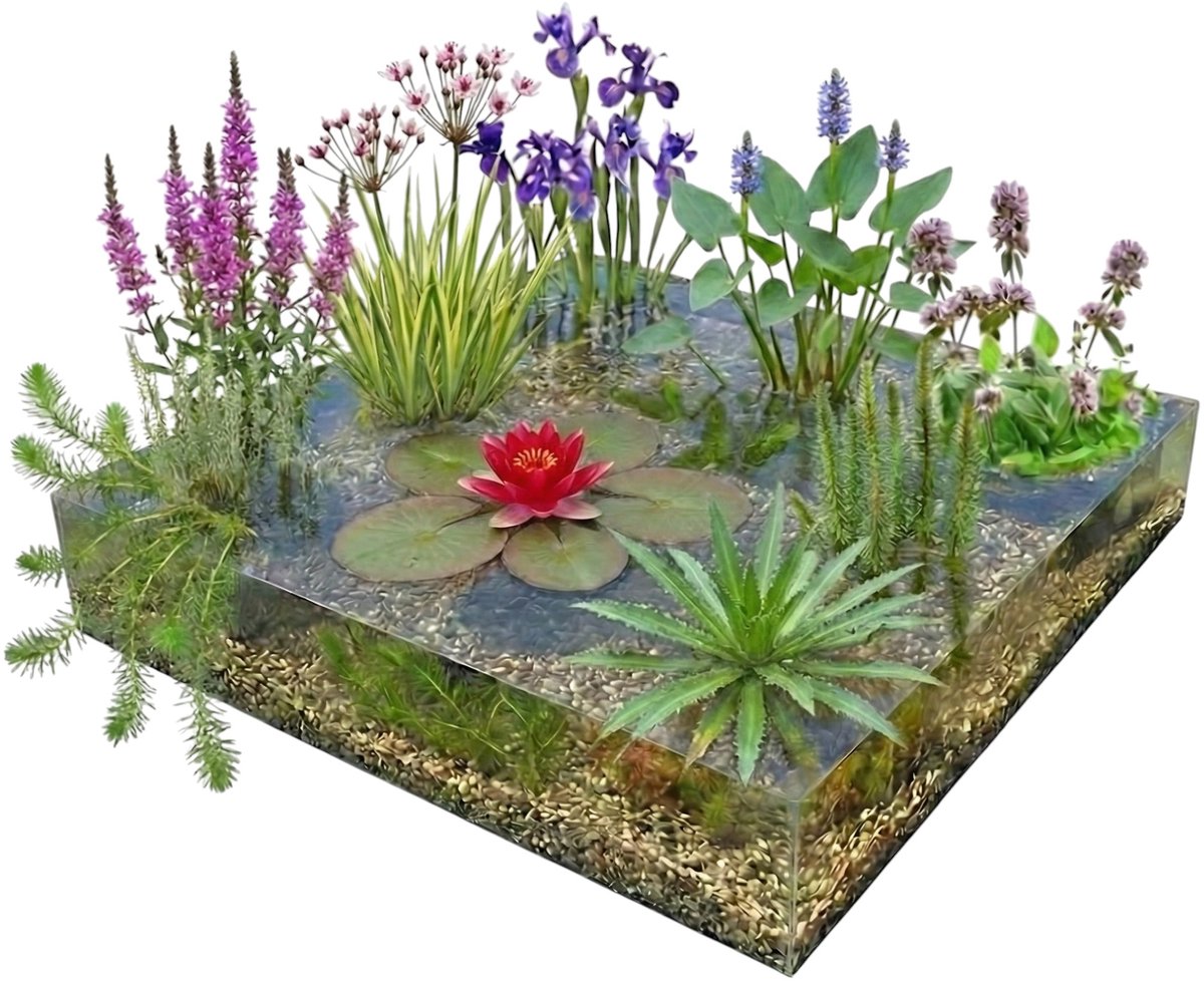 vdvelde.com - Compleet vijverpakket rood 500-1.250L - Rode waterlelie Nymphaea Attraction met oever- en zuurstofplanten, vijvermandjes, substraat & BACTA CLEAR - Direct planten