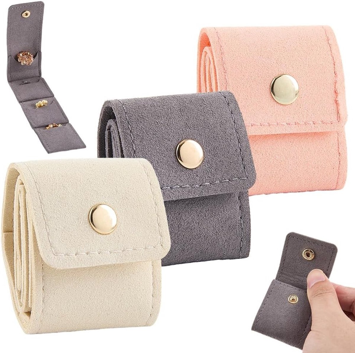 Driedelige opbergset voor sieraden met drukknoop, handige en opvouwbare organizer voor lippenstift, mini reistas voor ringen, oorbellen, kettingen en armbanden, perfect cadeau voor vrouwen (Beige)