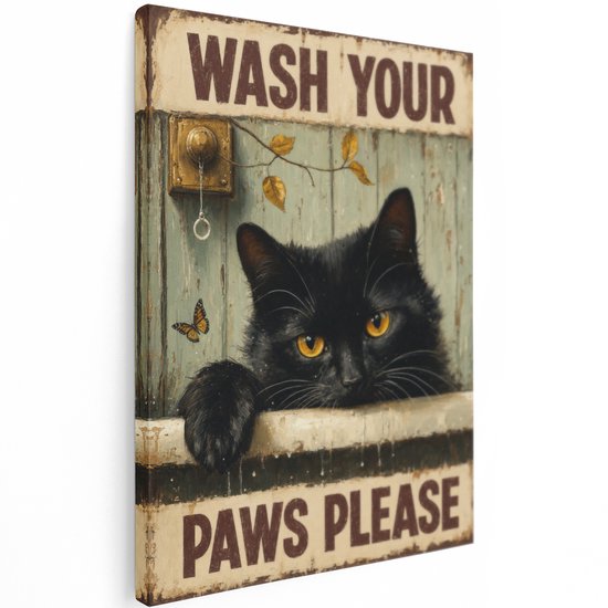 Artaza Toile Chat Noir - Poster Texte Vintage - Wash Your Paws Please - 30x40 cm - Petit - Décoration Murale Salon - Tableaux - Décoration Murale