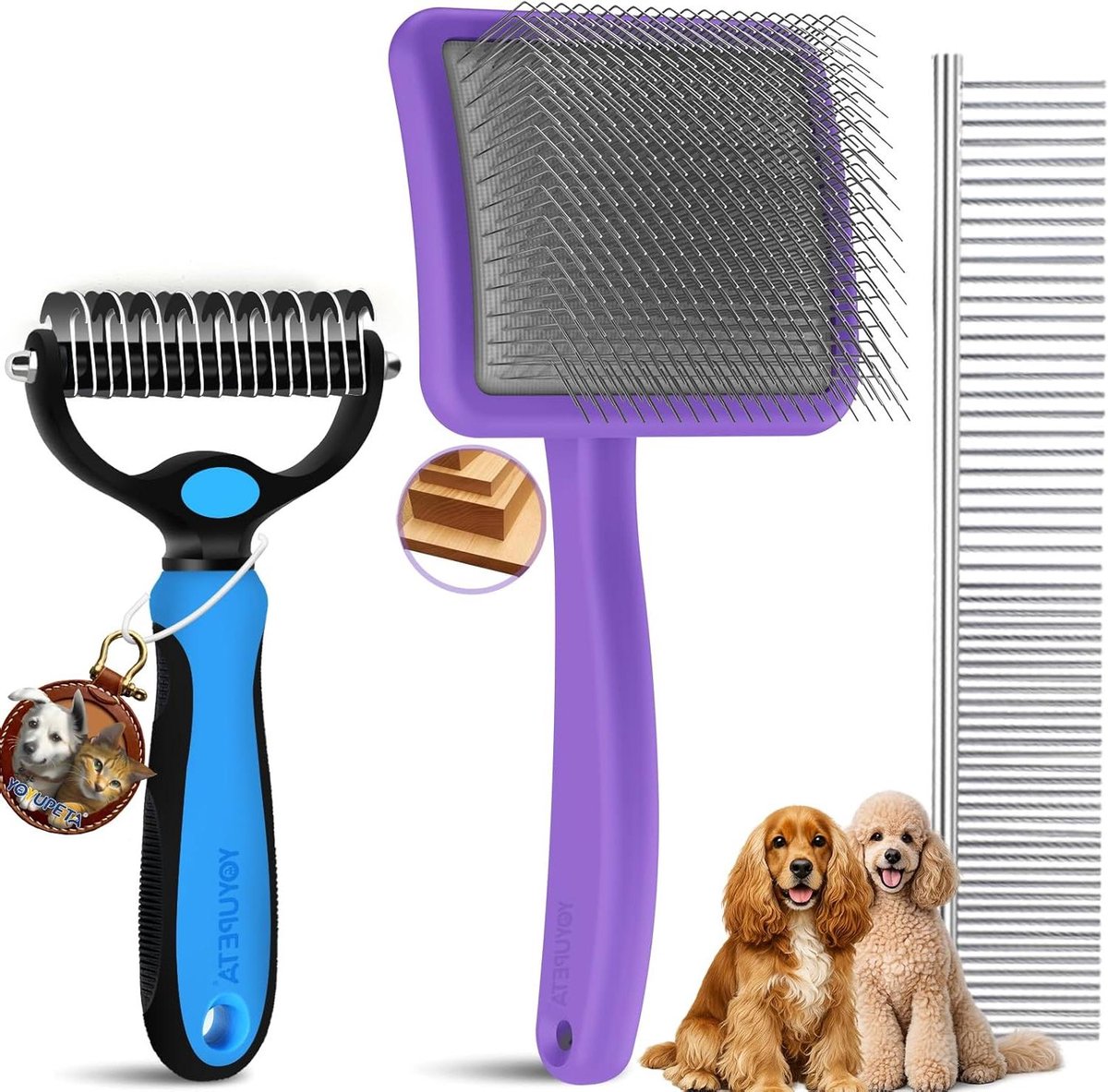 Honden Borstel Set - Huisdier Verzorgingstool - Vacht Onderhoud - Lange Pinnen - 21 cm - Houtkleur