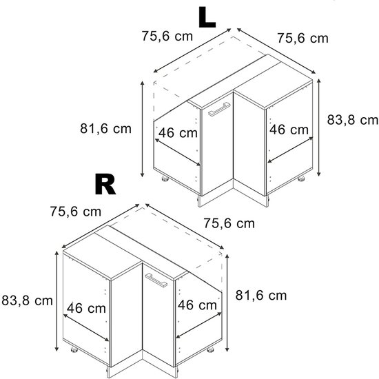 Technische tekening van L- en R-vormige hoekkasten met afmetingen 75,6 cm breed en 81,6 cm hoog.