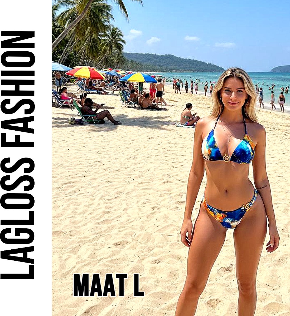 LaGloss® 2-delig Dames Bikini Set met Oceaanblauw Aquarelprint – Haltertop – Diepe V-hals – Goud Detail – Strandmode – Beach Fashion – Maat L