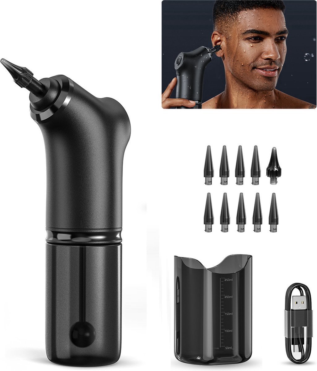 carmdering - Oorspoeler - Oorreiniger - Oorsmeer Verwijderaar - 2000 mAh, 200 ml tank, 7 uur gebruik - 4 drukniveaus, veilig en zacht - Draagbaar, ideaal voor thuis en reis - Incl. 10 sproeikoppen, USB-kabel
