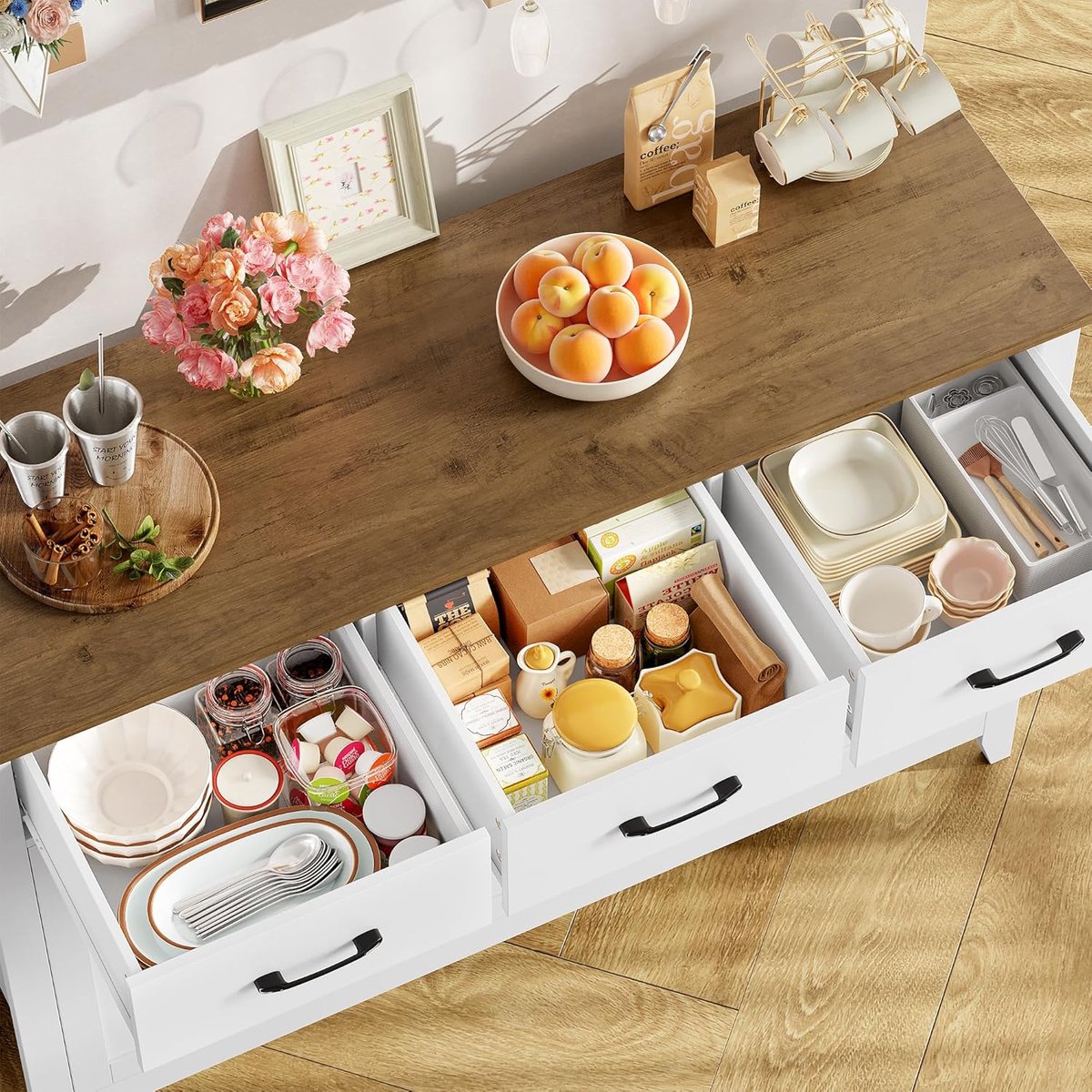 Keukenkast met werkblad – ABTkantoor Sideboard Buffetkast 120 cm – Dressoir met 3 laden & 3 deuren – Keukenbuffet met verstelbare planken – Moderne witte opbergkast voor keuken, woonkamer & eetkamer