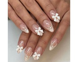 OLOEY 24 stuks amandelvormige kunstnagels - French tips met schattige strikjes - Nude roze acrylnagels voor vrouwen en meisjes