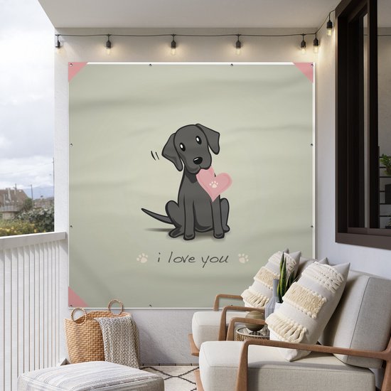 Tuinposter 200x200 cm - Tuindecoratie Een illustratie van een zwarte puppy met een hart - Poster voor in de tuin - Buiten decoratie - Schutting tuinschilderij - Tuindoek muurdecoratie - Wanddecoratie balkondoek