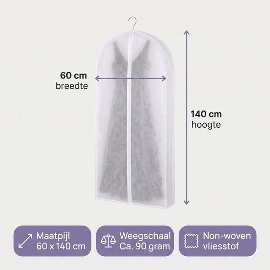 Grijze jurk in een transparante kledinghoes van non-woven stof, 60 x 140 cm.