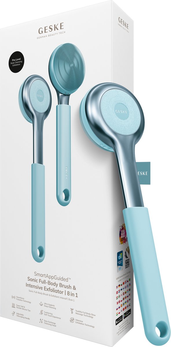 GESKE Sonic Full-Body Brush & Intensive Exfoliator | 8 in 1 | Reinigingsborstel | Met SmartSonic-pulsaties | Diepe reiniging, peeling, massage | Uitschuifbare handgreep | Ruwe huidverwijderaar