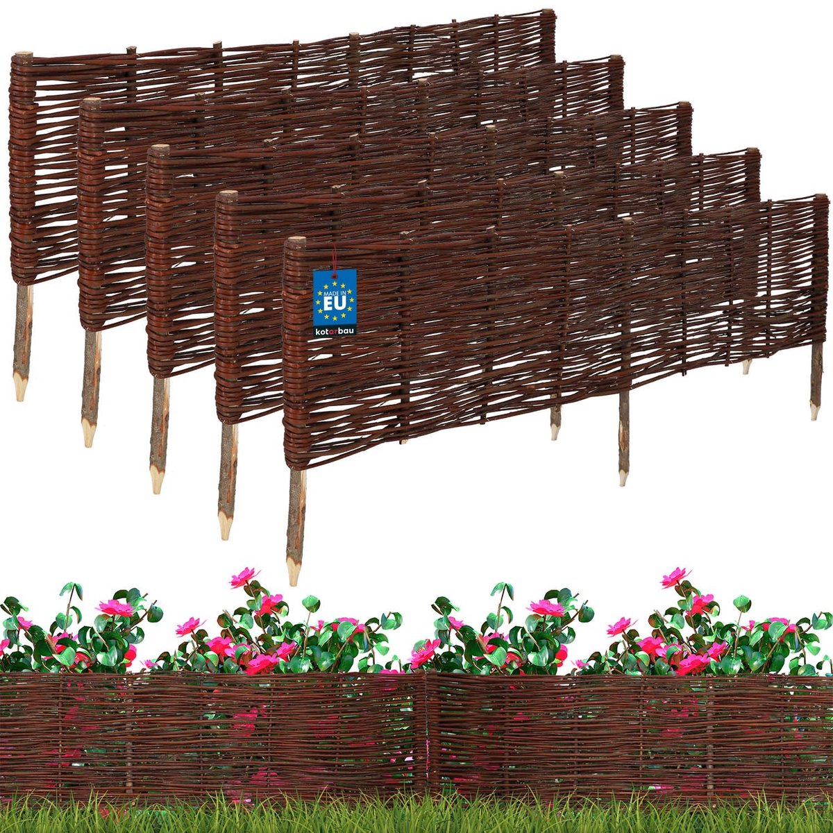 KOTARBAU® 5st Bloembedrand, Wilgenhouten Hek, Beeteinfassing, 120 x 30 cm, Bruin, Tuinafscheiding, Houten Tuinhek, Schapenhek