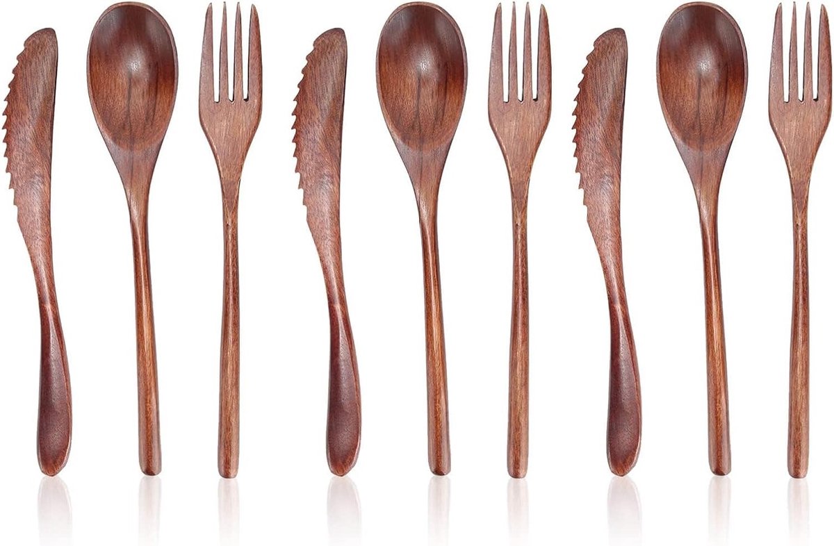 Set van 9 Stukken Houten Saladeservers voor Japans Dineren - Ideaal voor Salades, Groenten en Bijgerechten