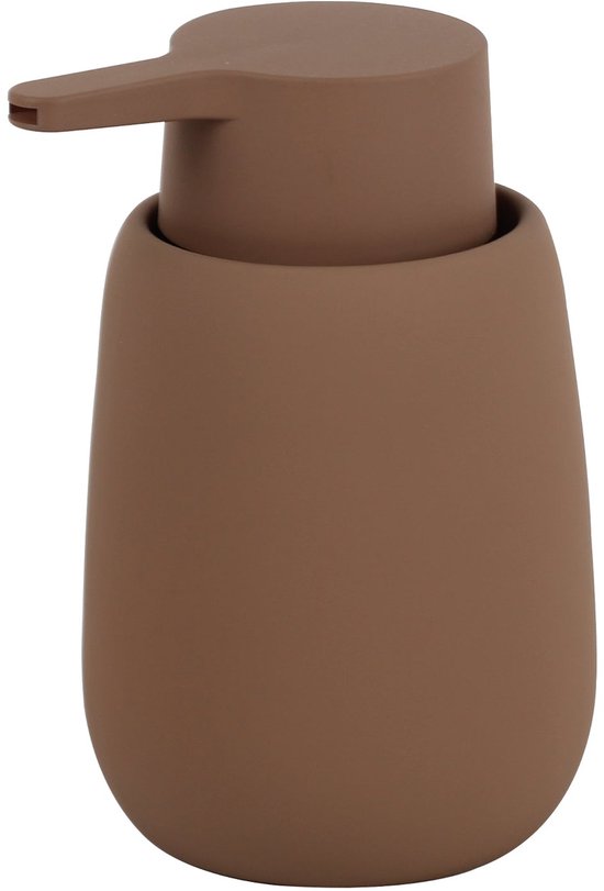 Bruine zeepdispenser met een pompsysteem en een afgeronde vorm.