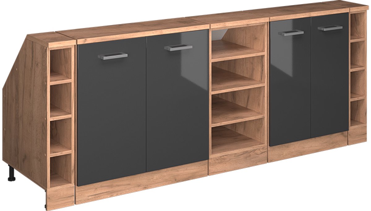 Vicco R-Line Keukenkast voor schuine wand – 210 cm Set van 5 kastrompen 60 cm diepte Antraciet Hoogglans Antraciet Hoogglans/Goudkleurig Eiken