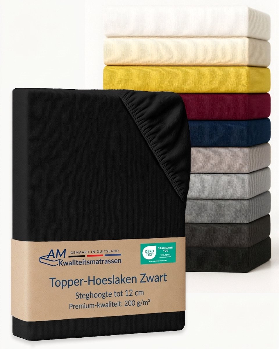 AM Qualitätsmatratzen Premium hoeslaken 100 x 210 cm topper (200gsm) in Zwart - Made in Germany - OEKO TEX gecertificeerd topper hoeslaken - Jersey hoeslaken - Fitted Sheets