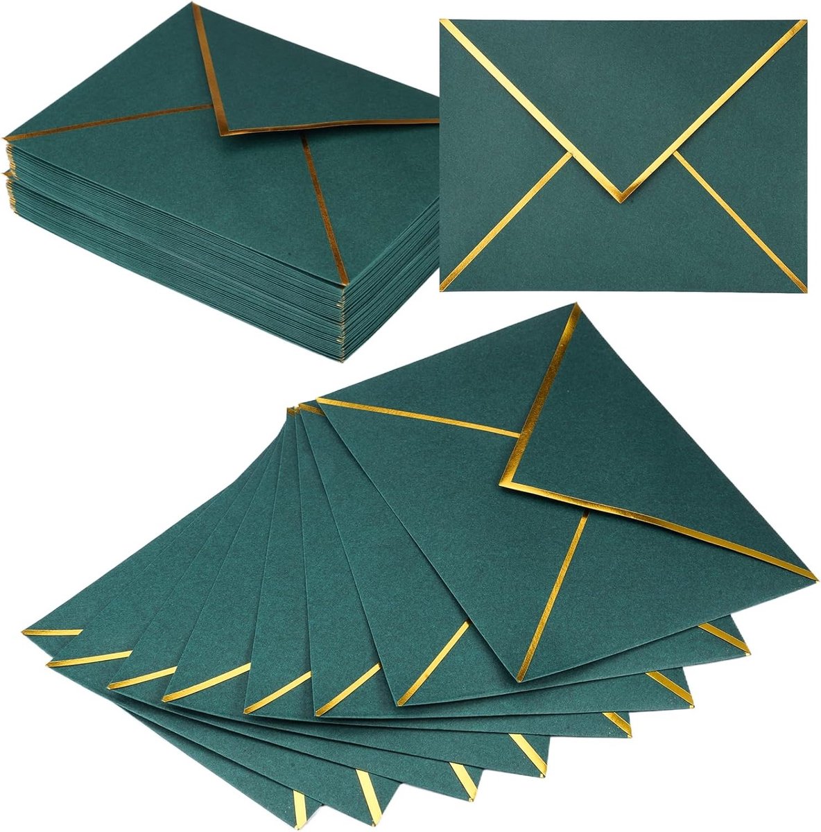 Set van 50 Gouden Rand Uitnodigings Enveloppen C5, 13.5 x 18.5 cm, Groene Vochtige Enveloppen met V-vormige Opening, Elegante Enveloppen voor Bruiloften en Kaarten
