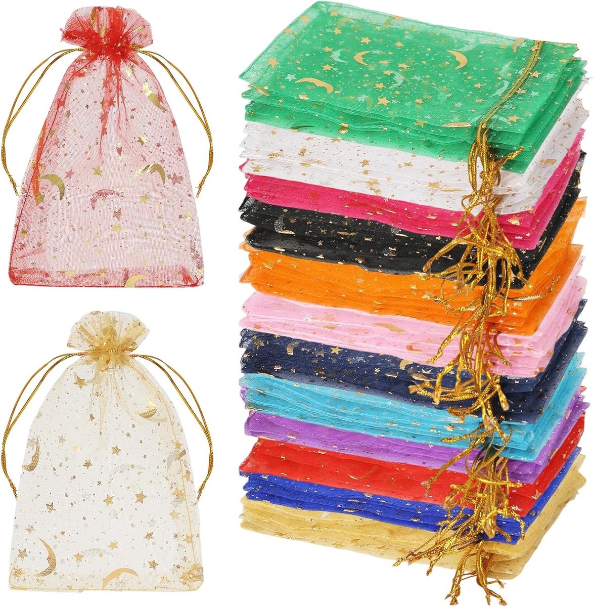 Kleine Organza Tassen met Trekkoord voor Sieraden, Cadeaus en Feestjes - 120 x 15 x 10 cm, Sterren en Maan Ontwerpen in 12 Kleuren