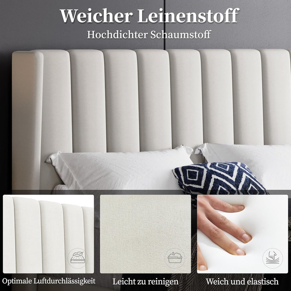 Gestoffeerd Tweepersoonsbed 140x200 cm met Opbergruimte – Modern Beige Bedframe met Hoog Hoofdbord, Lattenbodem en Comfortabel Design