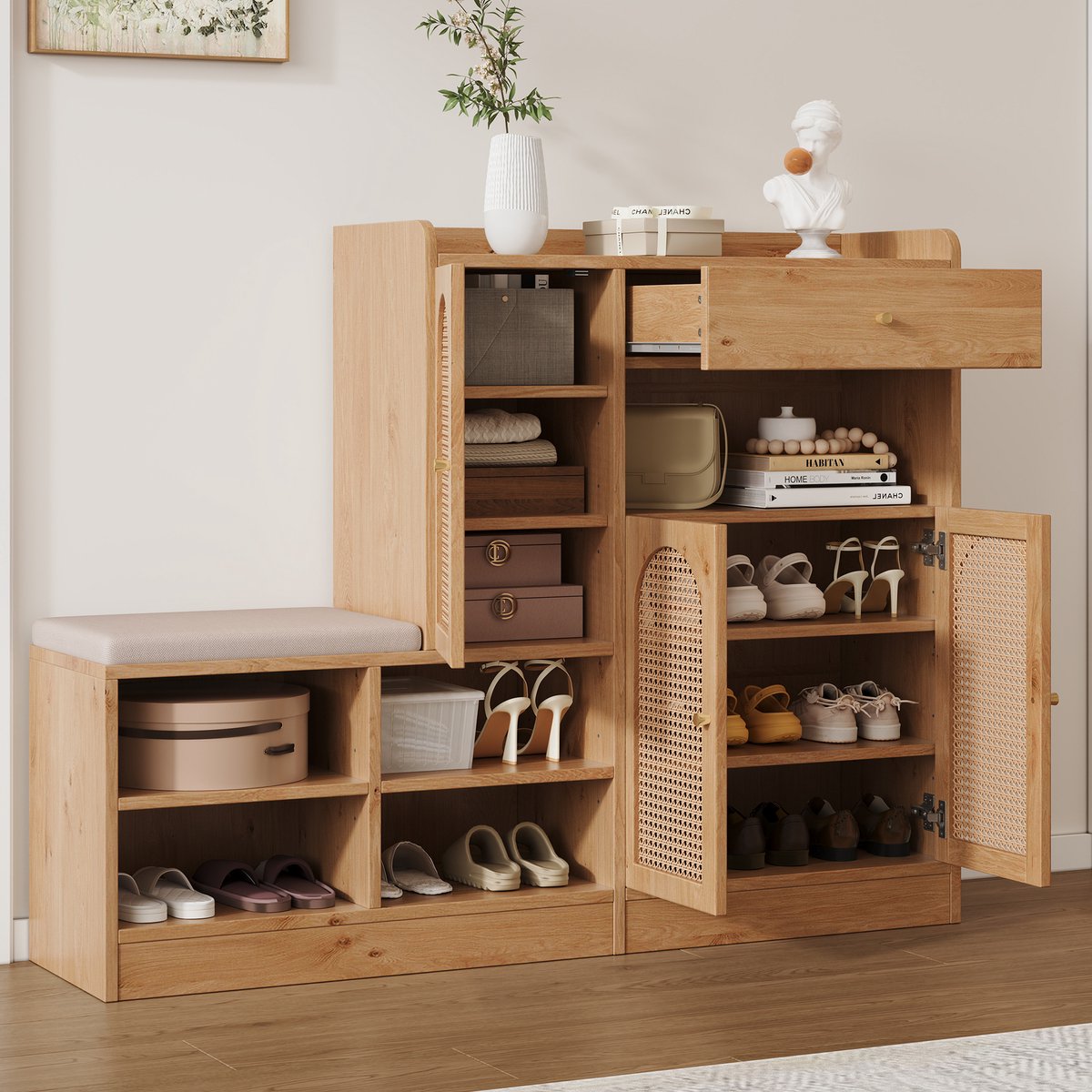 MODENUIT Schoenenkast - Met Zitting En Rotan Deuren - Voor Hal En Garderobe - Spaanplaat Naturel - 142x35x110 Cm
