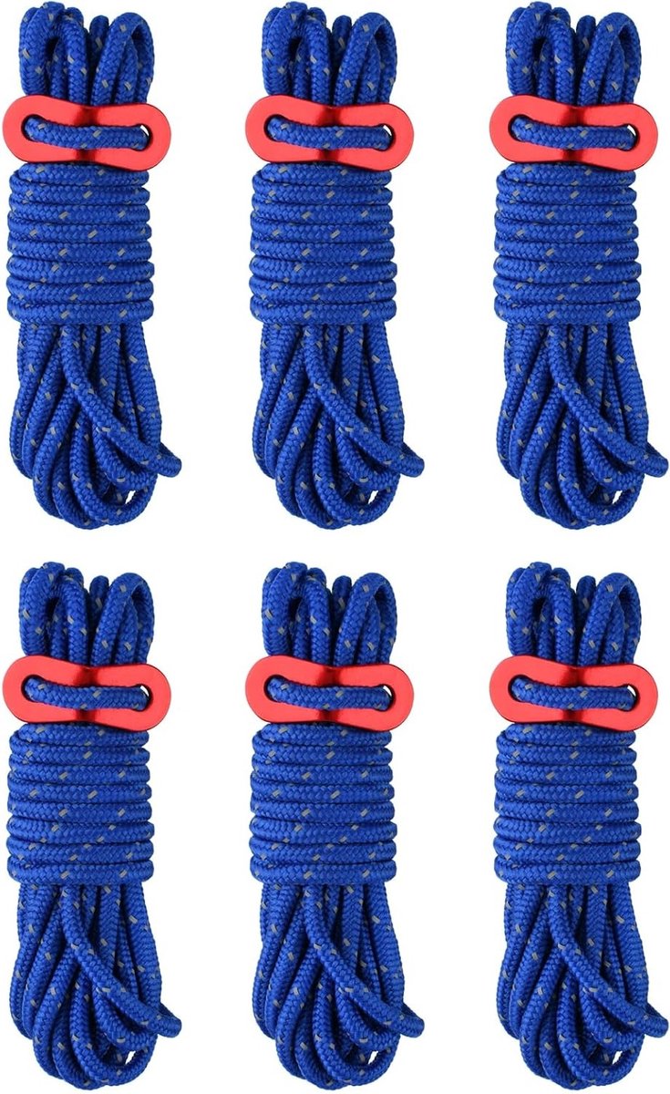 Reflecterende Tentlijnen 4mm - 4m Paracord Koorden met Verstelbare Rope Adjusters voor Camping en Tuin - Set van 6 Stuks in Blauw