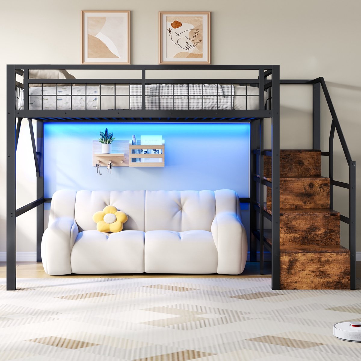 VVBV Hoogslaper 140x200 cm, Metalen Frame met LED-Verlichting, Trap met Opbergruimte, Ruimte Onder Bed, Zwart (Zonder Matras)