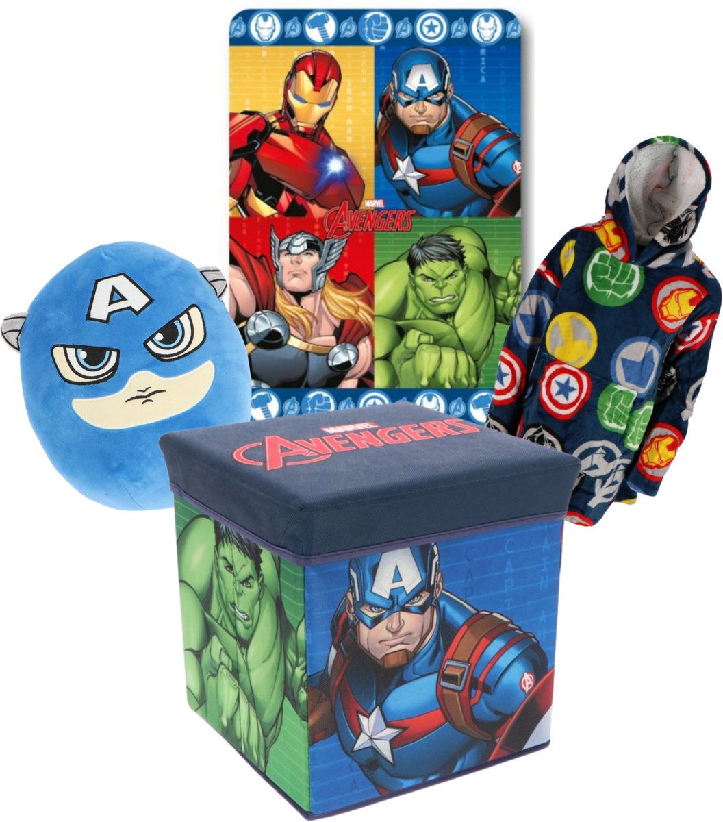 Avengers thuisblijfset – opbergbox / stoel, fleecedeken, hoodie deken en squishy