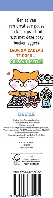 Kleurboekleggers met de tekst 'Geniet van een creatieve pauze en kleur jezelf tot rust met deze cozy boekenleggers' en 'Leuk om cadeau te doen... ook aan jezelf!'. Een vosje zit naast snoepjes.