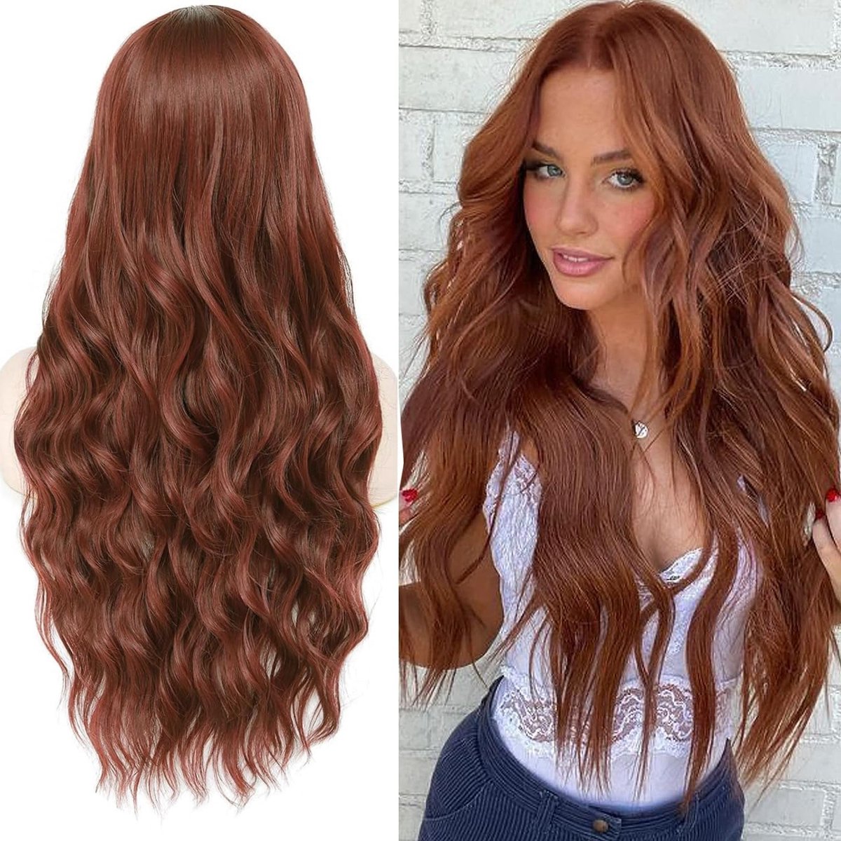 Dames Lang Krullend Golvend Synthetisch Haar Perucque in Koper Rood voor Cosplay en Feestjes