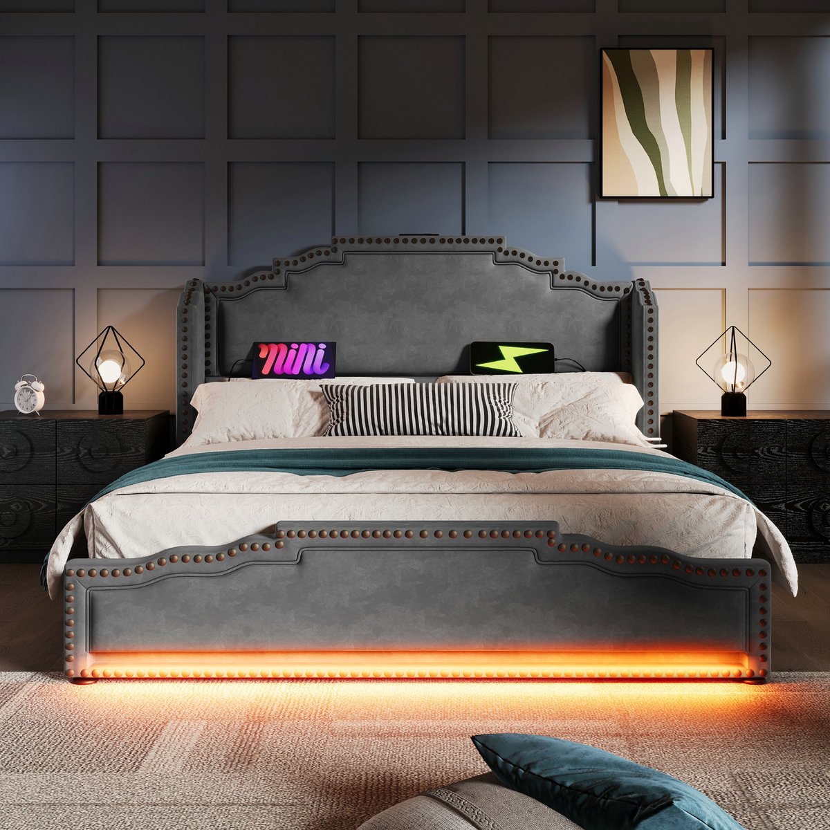 VVBV Bed met opbergruimte 140x200 / Tweepersoonsbed 140x200 – met Lades, LED-Verlichting, USB, USB-C, Lattenbodem – 4 Lades – Tienerbed – Fluweel – Grijs Grey