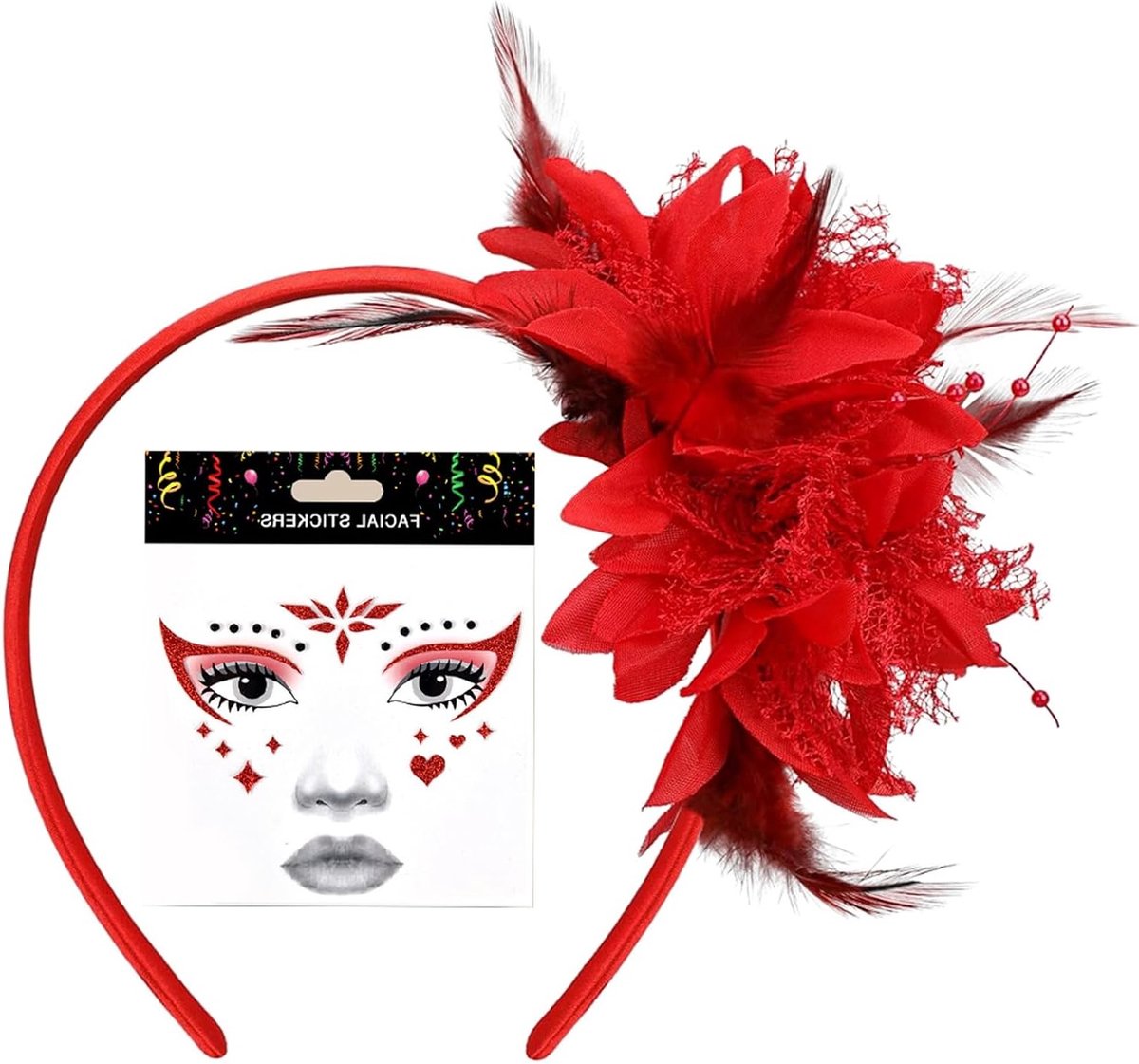 Elegante Hoofdband met Kunstbloemen en Rode Veren voor Carnaval, Bruiloften en Feestjes - Inclusief Stickers voor Kostuumdecoratie