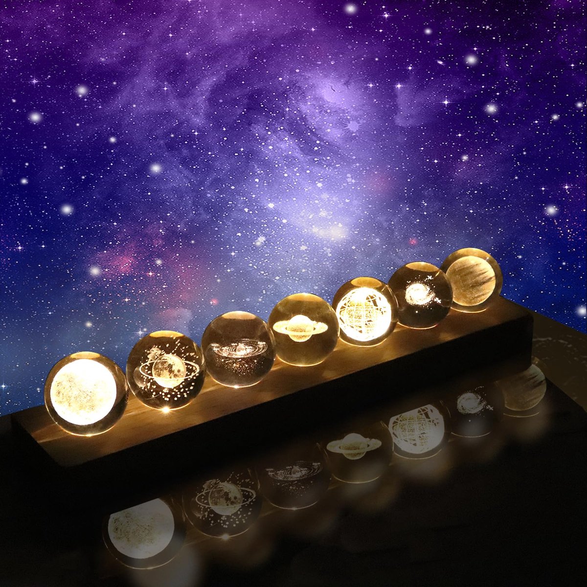carmdering - Kristallen lamp bol - 40 mm LED kristal nachtlamp met houten basis - 3D decoratieve lamp - warm licht