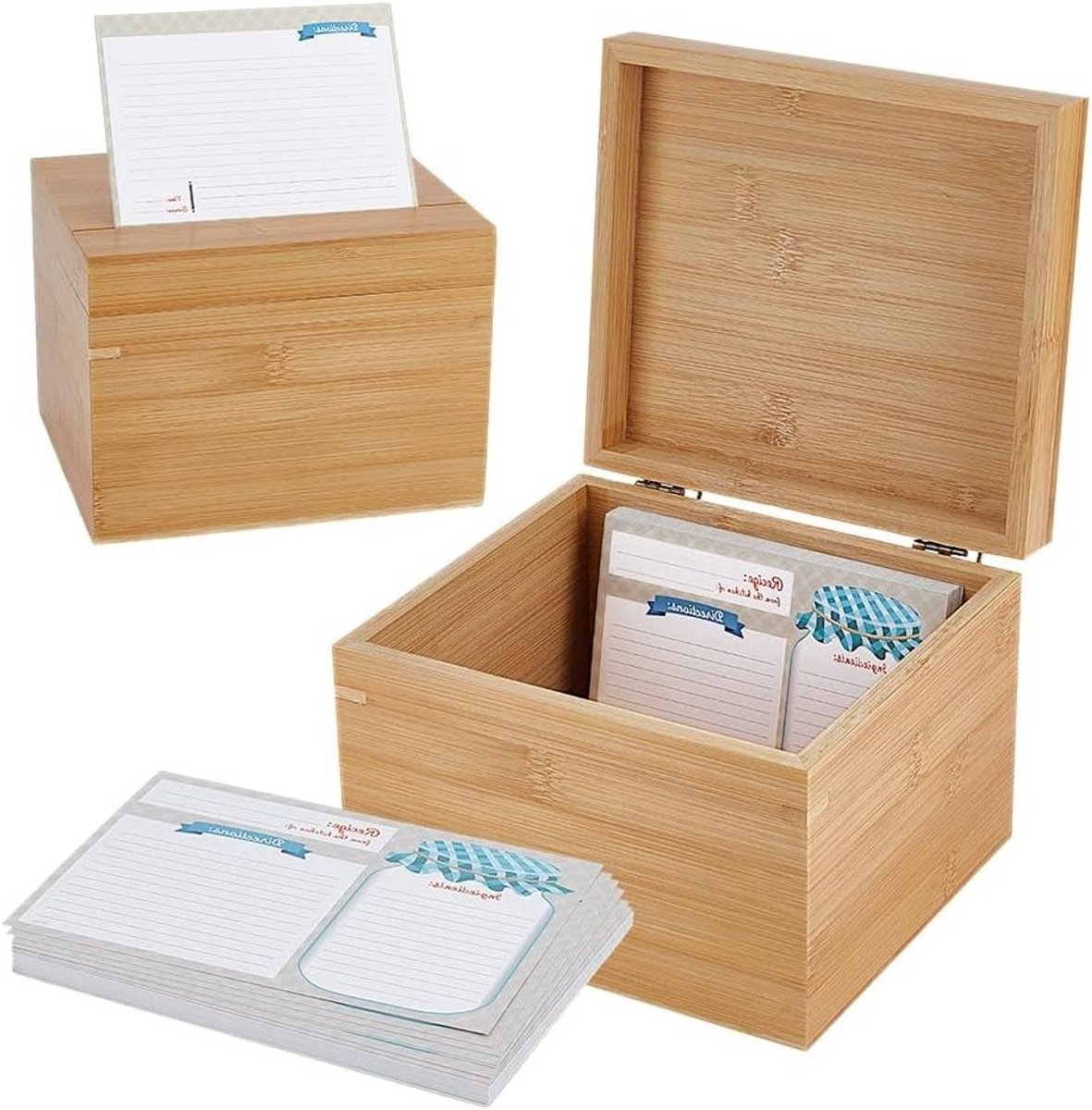 Houten Receptendoos met 50 Lege Receptenkaarten, Flip Cover en Opbergruimte voor Keuken en Thuis, 16.2 x 18 x 13.5 cm, Perfect voor Koken en Organiseren