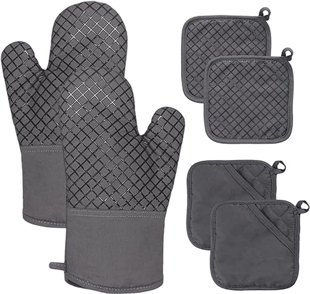 Vierdelige set: Ovenhandschoenen en hittebestendige mat — hittebestendig tot 260°C (500°F). Keuken ovenhandschoenen en hittebestendige mat set: — ideaal voor bakken en koken (grijs).