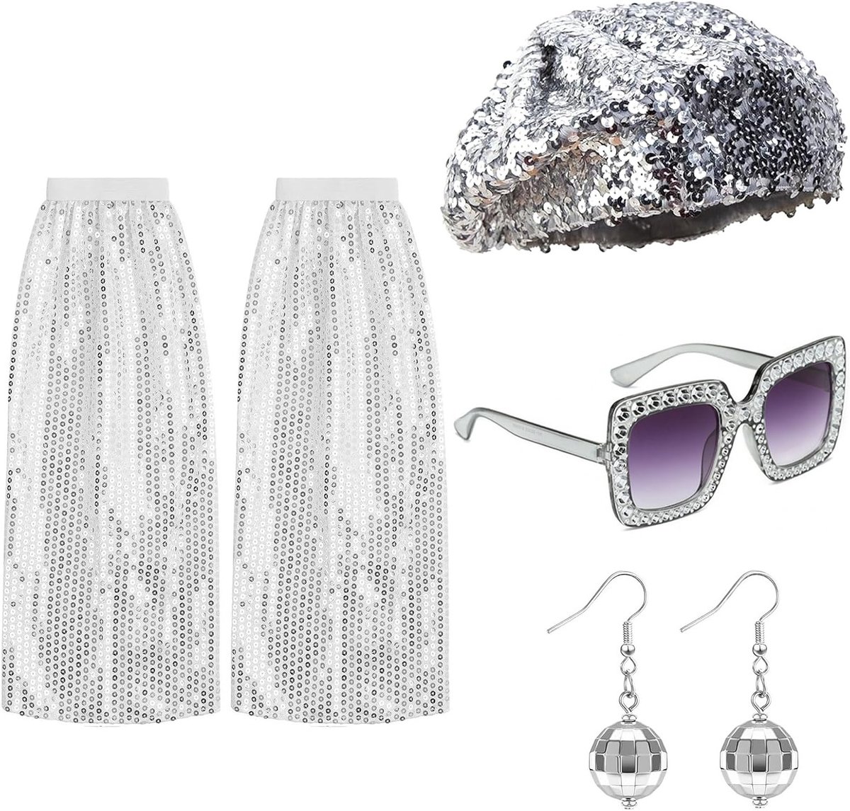 Retro disco kostuum voor dames, 4-delige set met pailletten, disco accessoires, feestoutfit, carnavalskleding, jaren 70 en 80 stijl