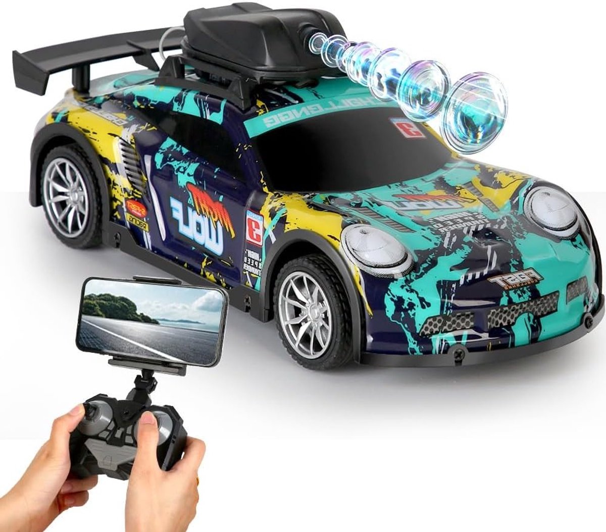 Afstandsbediening Drift Auto met Camera, 2.4GHz App Besturing, Offroad Racevoertuig voor Kinderen van 3 tot 6 Jaar, Speelgoed voor Buiten en Binnen, Graffiti Ontwerp