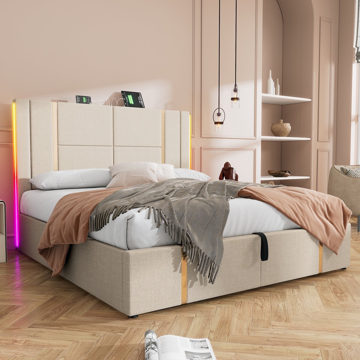 VVBV Bed met opbergruimte 160x200 / Tweepersoonsbed 160x200 – met Hydraulische Opbergruimte, LED-Verlichting, USB, USB-C, Lattenbodem – Linnen – Beige
