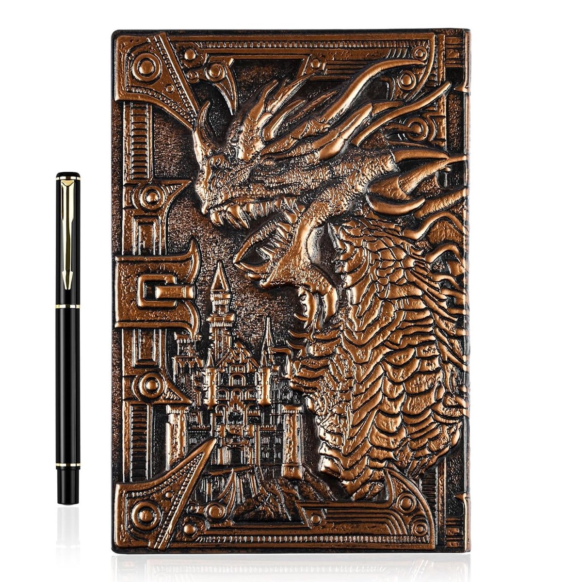 Vintage Leren Notitieboek met Pen, 3D Draak Ontwerp, 200 Pagina's voor DND, Reisdagboek en Motivatiegeschenk voor Kerst en Feestdagen, A5 Formaat 23.3 x 16.5 cm