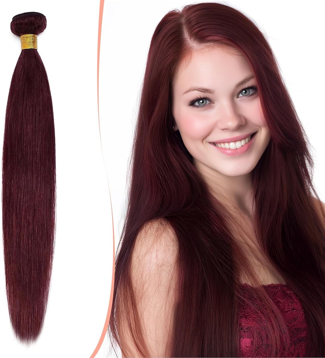 100% Echte Braziliaanse Mensenhaar Bundels - Rechte Virgin Weave Extensions in Wijnrood van 25 cm - Hoogwaardige Haarbundels voor Volumineuze Styles
