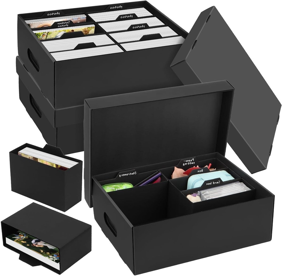 Opslagdoos voor Foto's - Set van 3 Stuks, Met Deksel voor 13 x 18 cm Foto's, Ideaal voor Fotoalbums en Creatieve Projecten, Zwart, Kartonnen Organiser