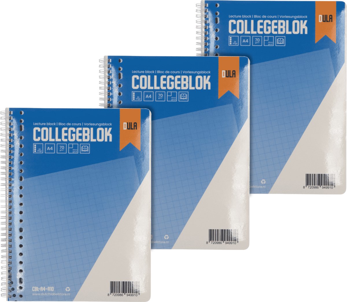 Collegeblok A4 formaat met ruit 10mm 160 vel - Spiraalblok groot geruit - 70 grams papier schrijfblok - 3 stuks - DULA