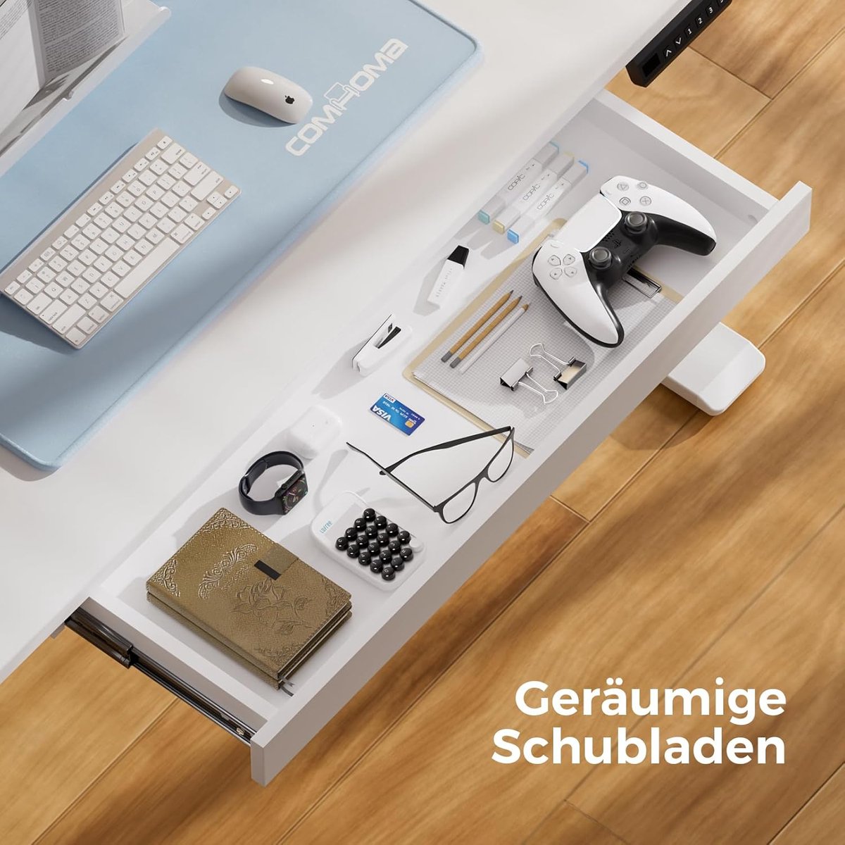 ErgoLift Pro Elektrisch In Hoogte Verstelbaar Zit-Sta Bureau 120 x 60 cm met Lades, Monitorstandaard, Tablet Houder, 3 Geheugenstanden en T-Frame Staalconstructie – Wit